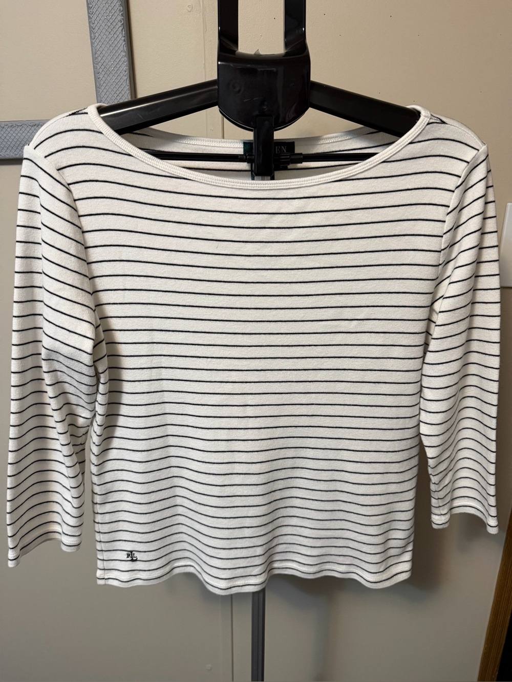 Lauren Ralph Lauren Striped Boatneck 3/4 Sleeve Top Size L Black White Cotton